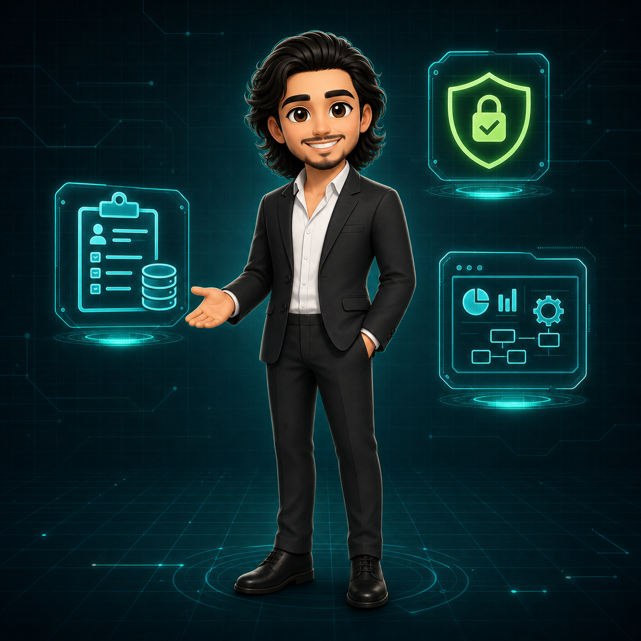 Technical themed full-body avatar of Christian Ramos with holographic data collection, operations, and security icons